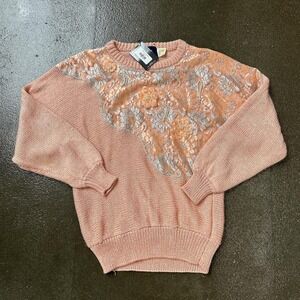 Vintage 80s Leroy Knitwear Size Medium Sparkly Cable Knit Floral Sweater